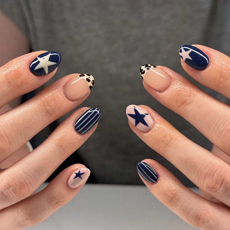 Navy Star & Stripe Oval Press-On Nails – Bold Leopard Print Nail Art