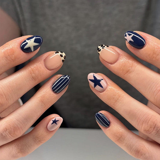 Navy Star & Stripe Oval Press-On Nails – Bold Leopard Print Nail Art