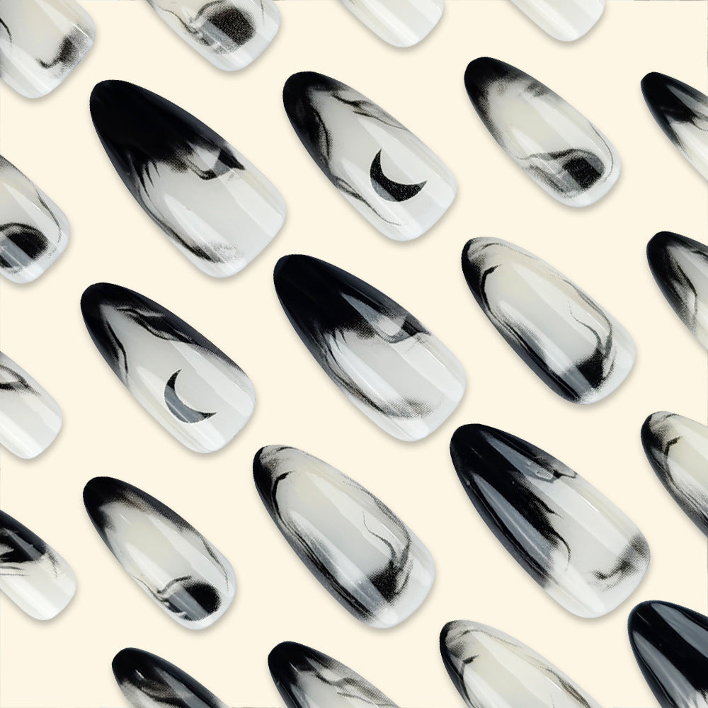 Marble French Almond Press-On Nails – Black & Nude Medium Crescent Design Nails