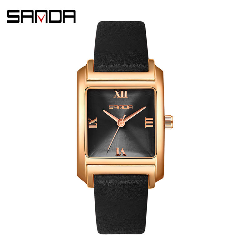 Sanda Women’s Leather Quartz Watch – Waterproof Small Dial Casual Square Fashion Watch