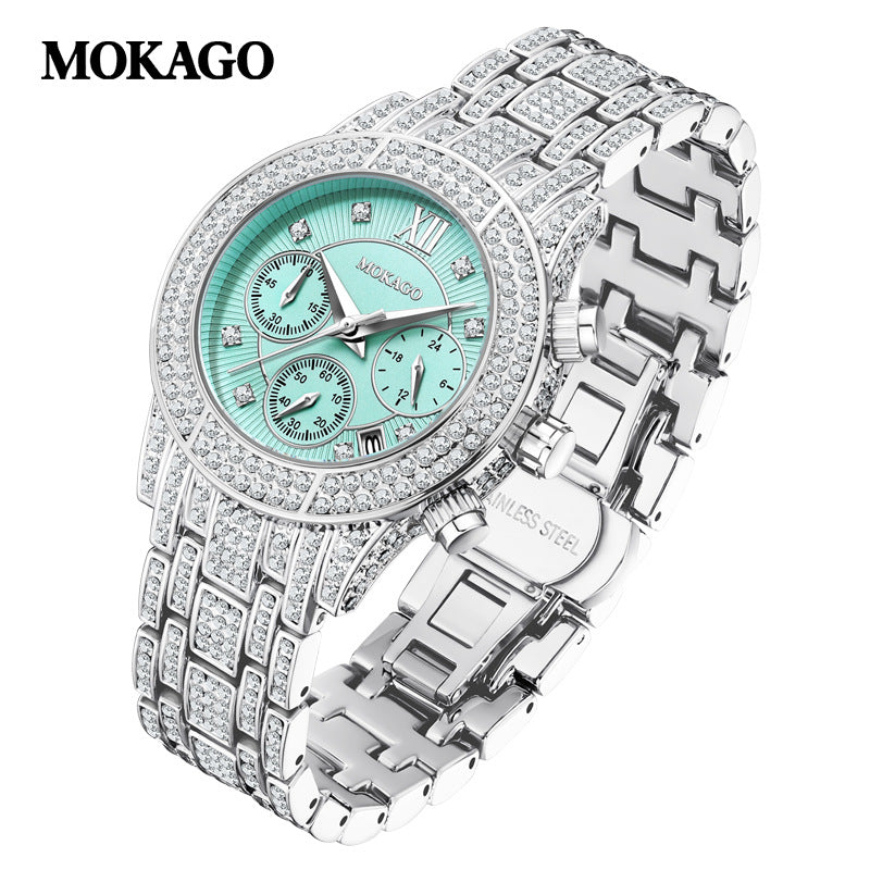 MOKAGO Women’s Luxury Diamond Quartz Watch – Calendar Display, Alloy Strap