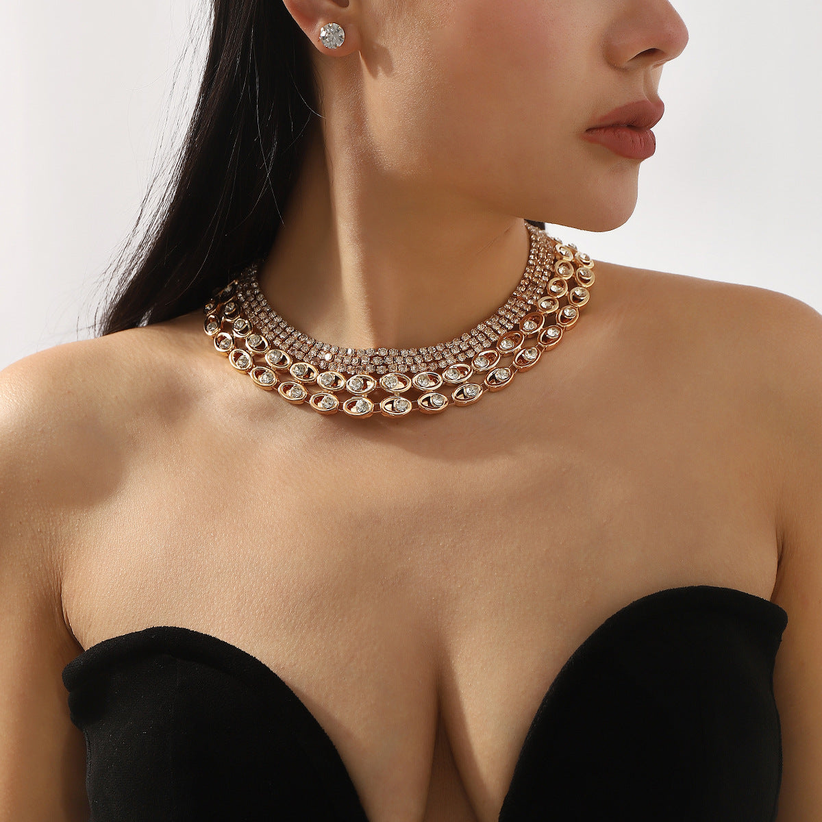 Luxury Gold Diamond Inlay Necklace & Earring Set – Geometric Jewelry for Women