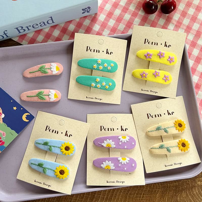 Korean Flower Drop Hair Clips for Girls – Cute Fabric Bangs & Side Clips (Pack of 4)