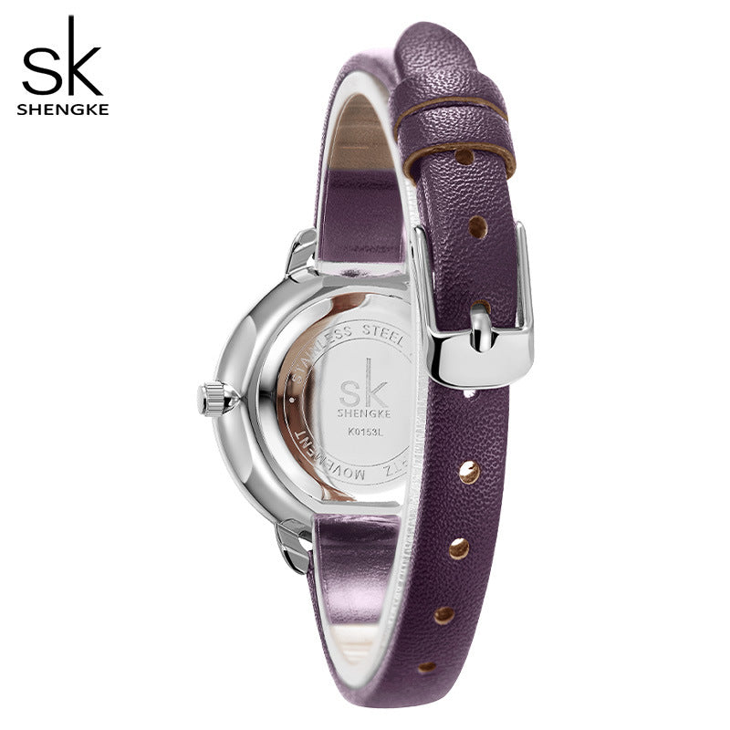 SK Women’s Quartz Watch – Simple Round Dial, Thin Leather Strap, Waterproof Wristwatch