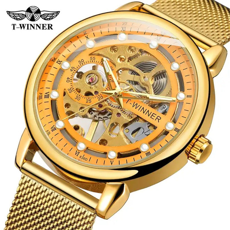 T-Winner Men’s Hollow Mechanical Watch – Mesh Strap, 30M Waterproof, Fashion Casual