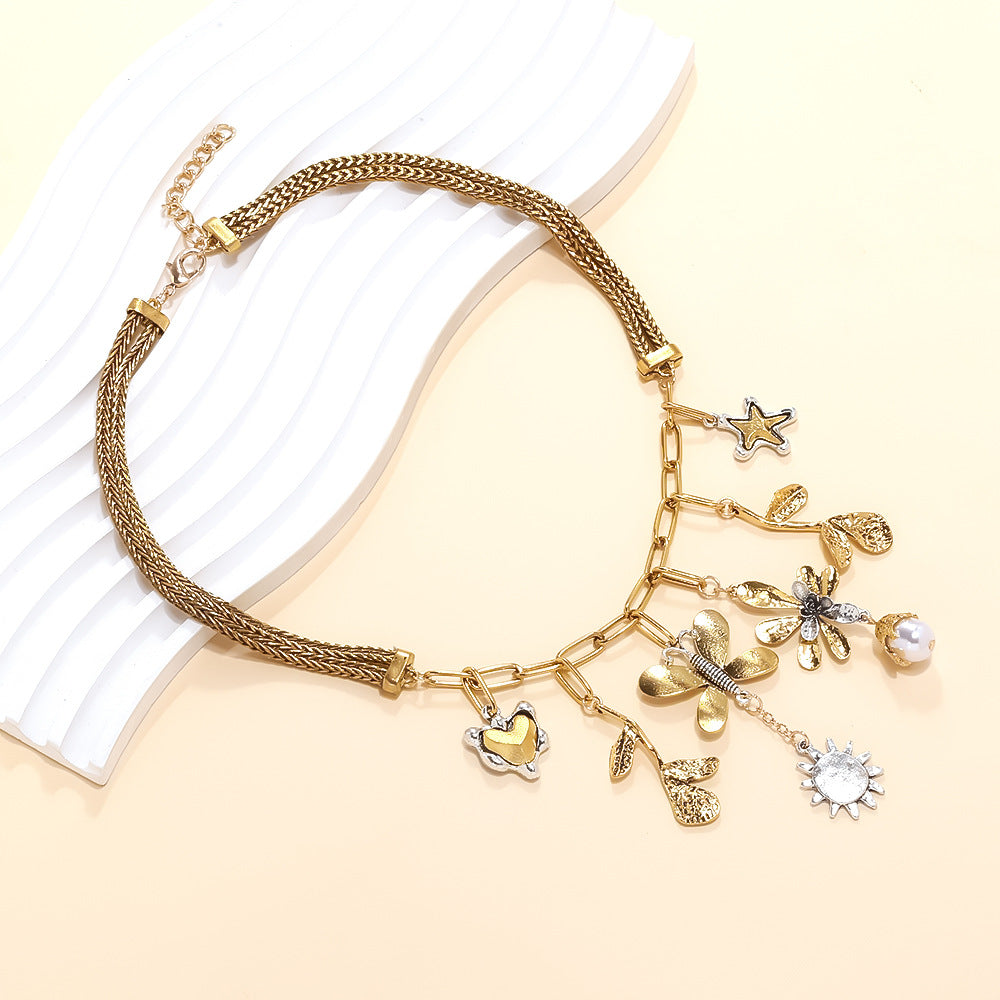 Butterfly & Flower Pendant Necklace – Trendy Metal Charm Jewelry for Women