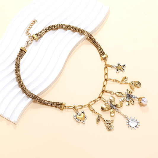 Butterfly & Flower Pendant Necklace – Trendy Metal Charm Jewelry for Women