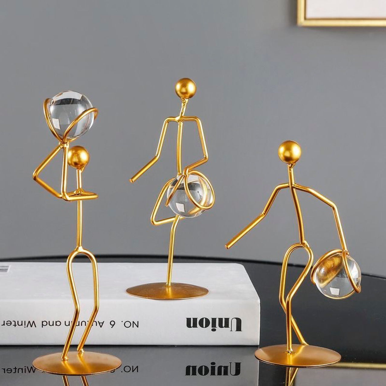 Modern Gold Sports Figure Decor – Iron Crystal Ball Sculpture for Home