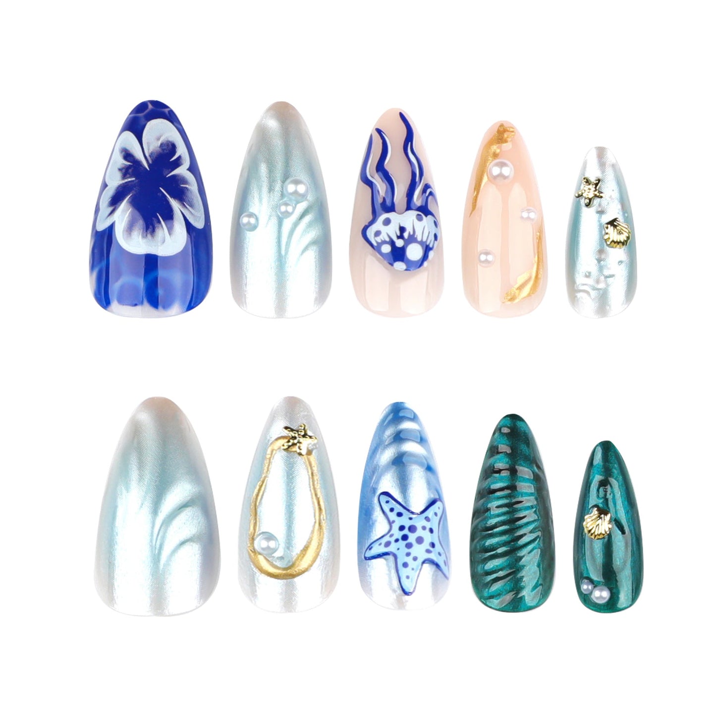 3D Ocean-Themed Press-On Nails – Sea Shell & Pearl Design Acrylic Nail Set