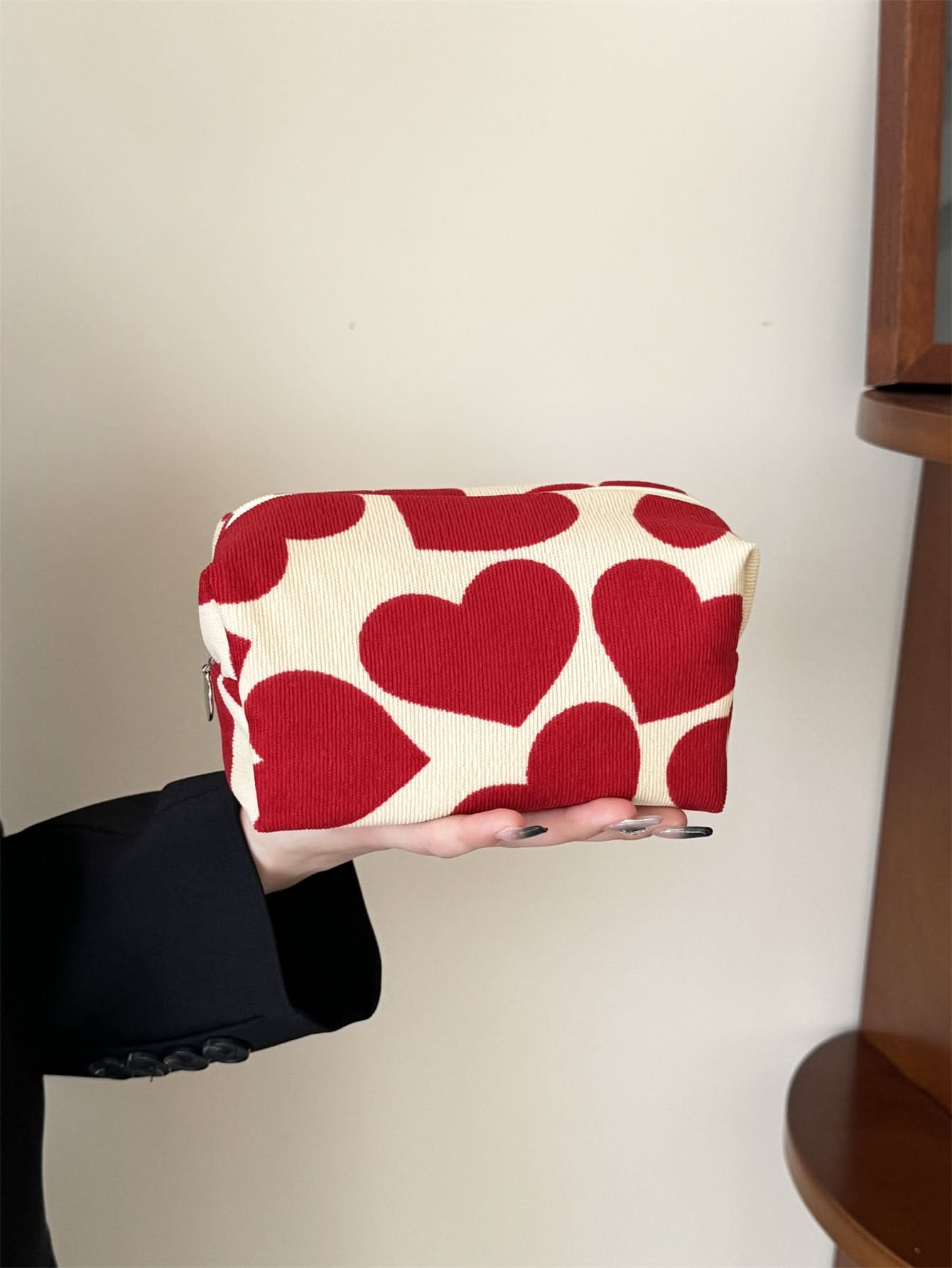 Corduroy Heart Pillow Cosmetic Bag – Cute Korean-Style Makeup Pouch