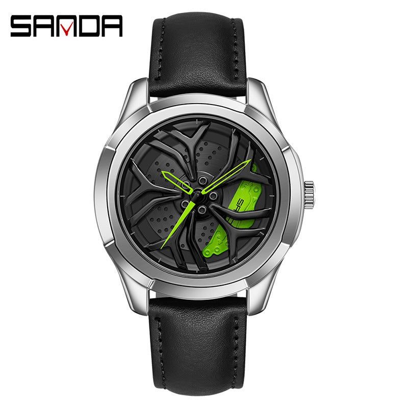 Sanda Men's Quartz Watch – Hollow Wheel Design, Leather Strap, Waterproof Timepiece