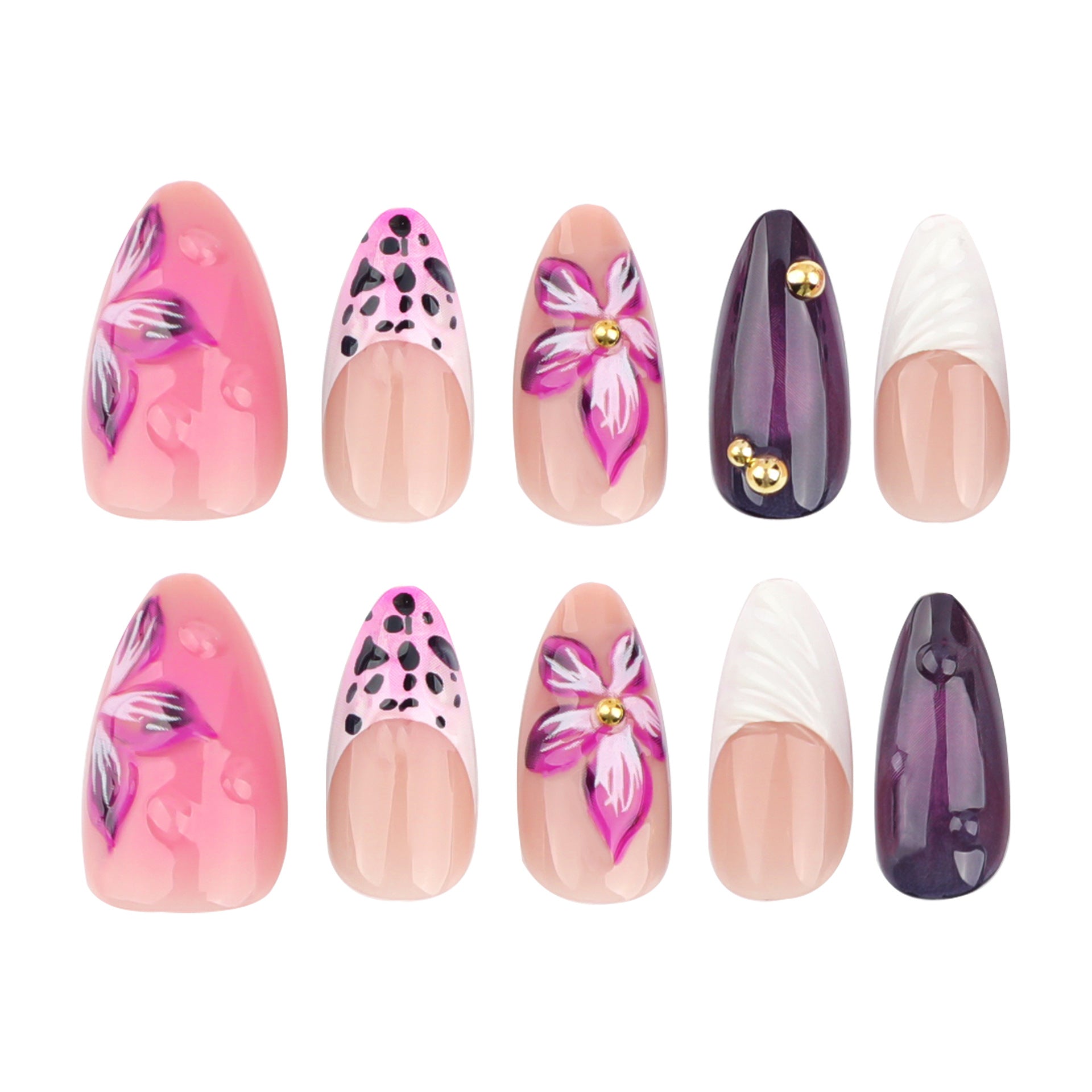 3D Floral Animal Print Press-On Nails – Long Almond Acrylic Glue-On Set