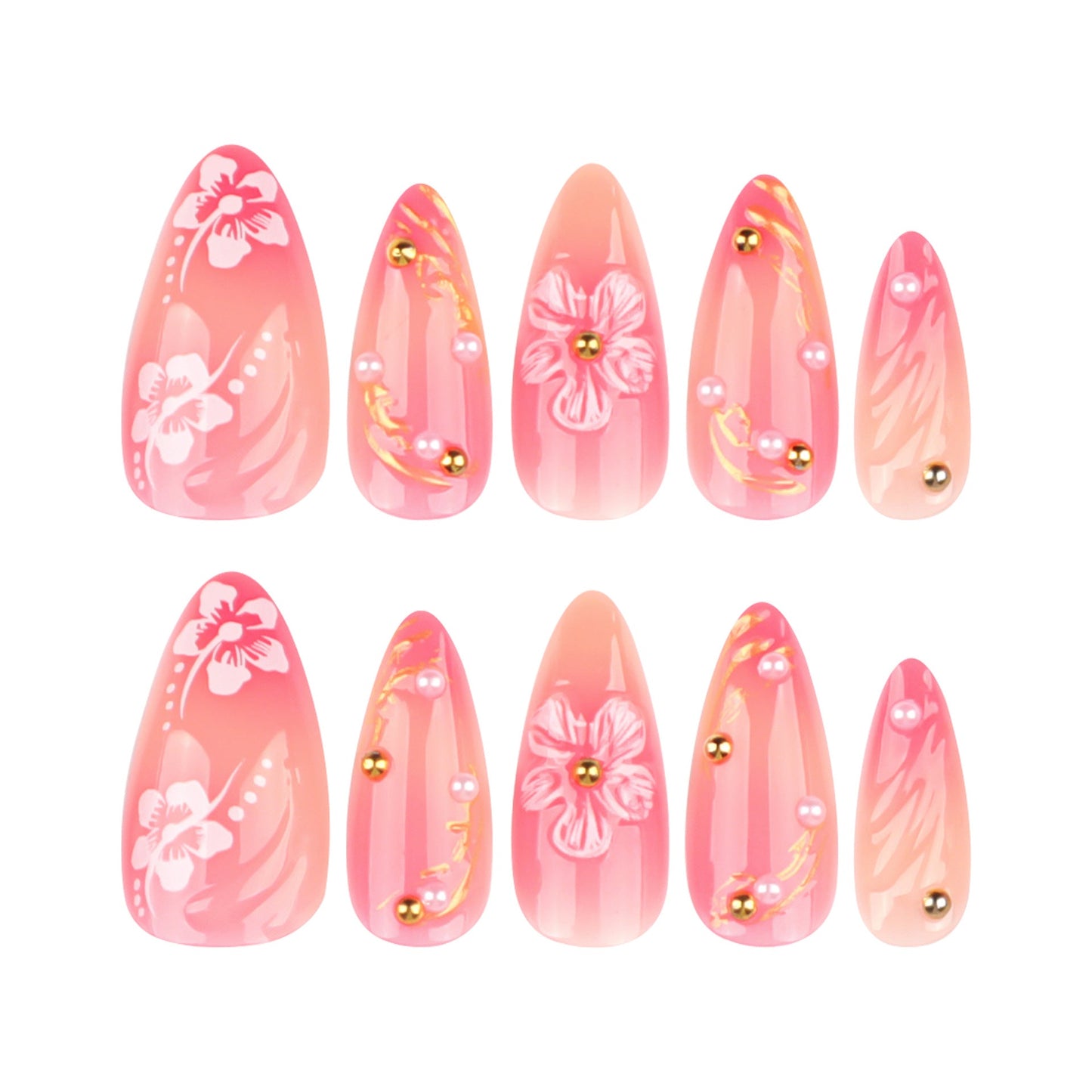 Long Almond Press-On Nails with 3D Floral Design & Swirl Art – Elegant Acrylic Tips