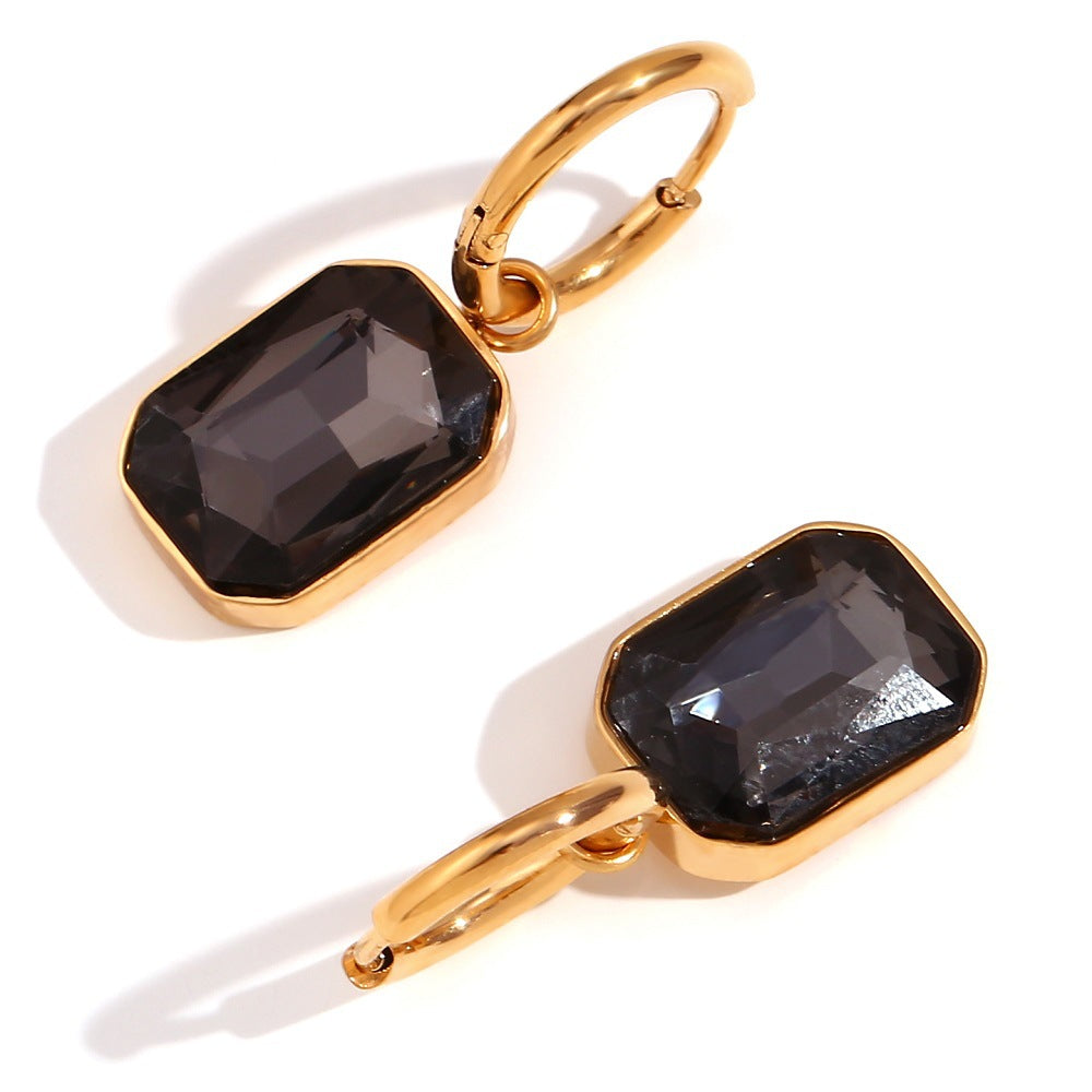 Retro Chic Gemstone Dangle Earrings for Women – Stainless Steel Emerald Cut Design