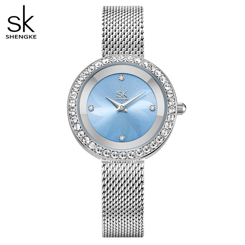 SK Women’s Diamond Quartz Watch – Luxury Mesh Strap, 30M Waterproof Wristwatch