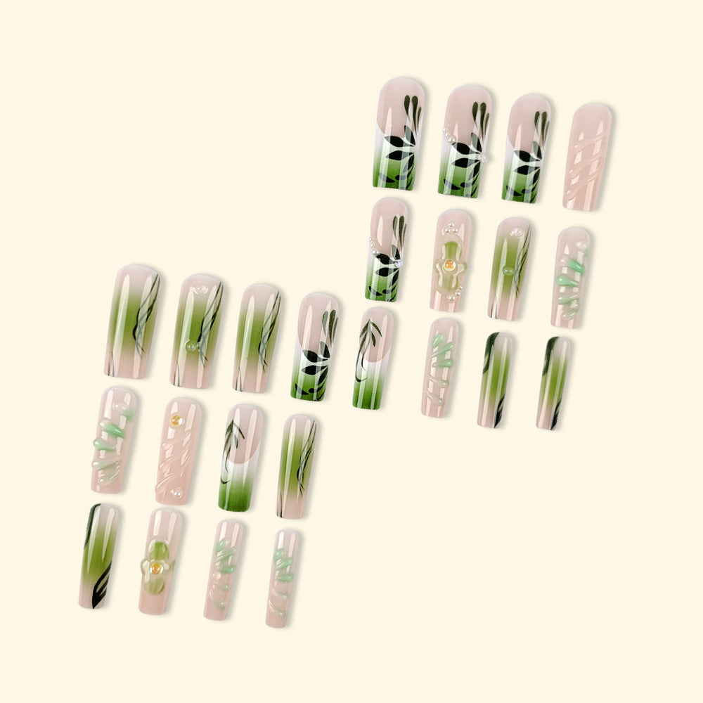 3D Floral Square Press-On Nails – Long Green & Nude Acrylic Tips