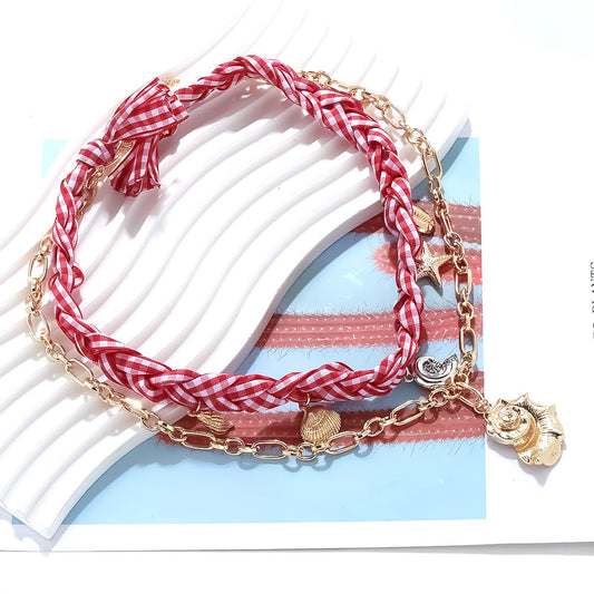 Handmade Ocean Charm Necklace – Starfish & Conch Pendant Layered Beaded Jewelry