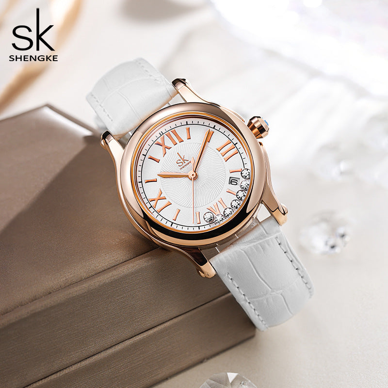 SK Women’s Quartz Watch – Elegant Round Dial, Leather Strap, 30M Waterproof Wristwatch