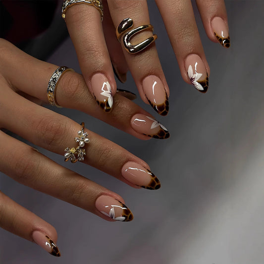 French Tip Press-On Nails with Floral & Leopard Print, Almond Acrylic Glue-On Set