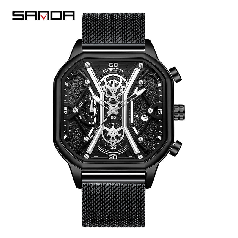 SANDA Men's Square Quartz Watch – Waterproof Luminous Mesh Stainless Steel Strap