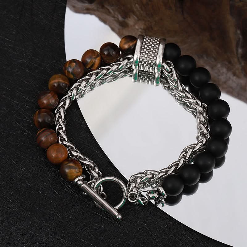 Men’s Obsidian Beaded Bracelet – Trendy Double-Layer Keel Design