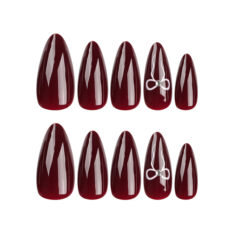Burgundy Press-On Nails with Bow Detail, Medium Stiletto Acrylic Glue-On Set