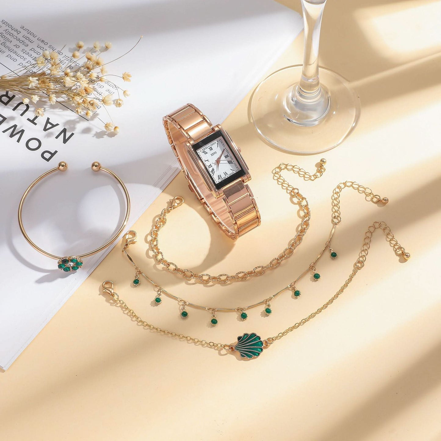 Women’s Gold Square Quartz Watch & Bracelet Set – Green Dial, Steel Band