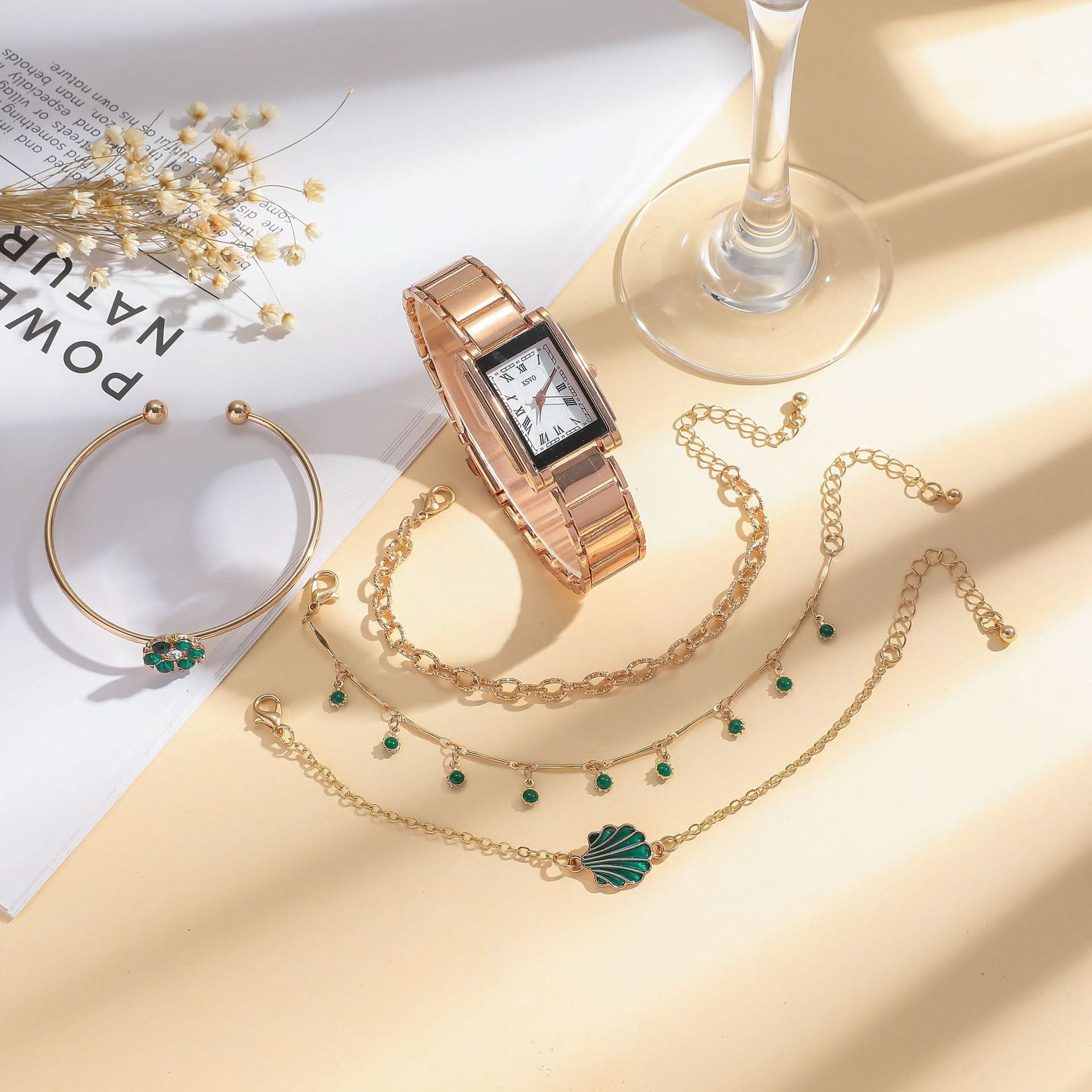 Women’s Gold Square Quartz Watch & Bracelet Set – Green Dial, Steel Band
