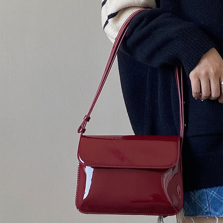 Retro Red Patent Leather Shoulder Bag – Small Square Underarm Bag for Women