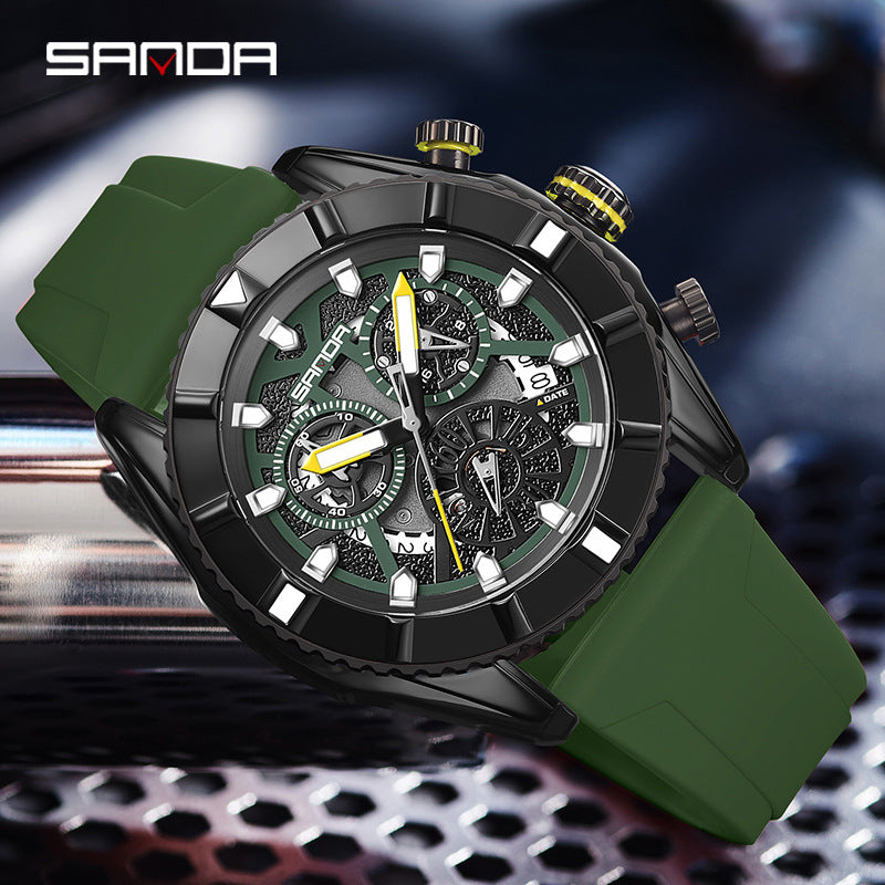 SANDA Luminous Men’s Quartz Watch – Silicone Strap with Calendar & Small Three-Hand