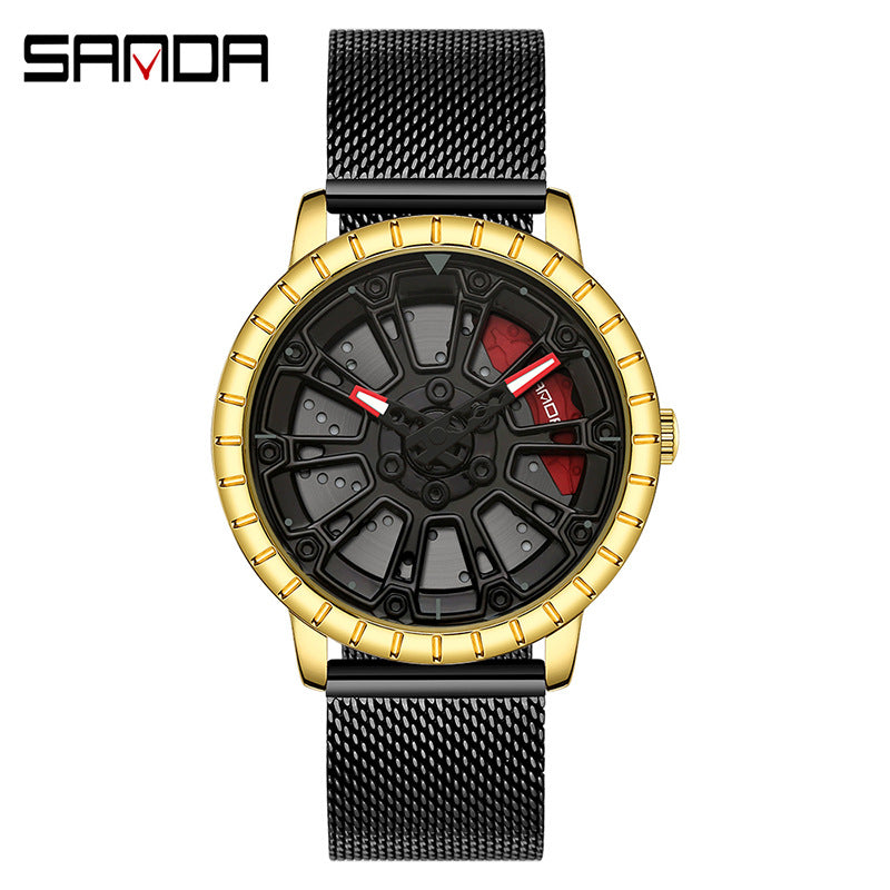 Sanda Men’s Quartz Watch – Hollow Dial, Mesh Stainless Steel Band, Waterproof Timepiece