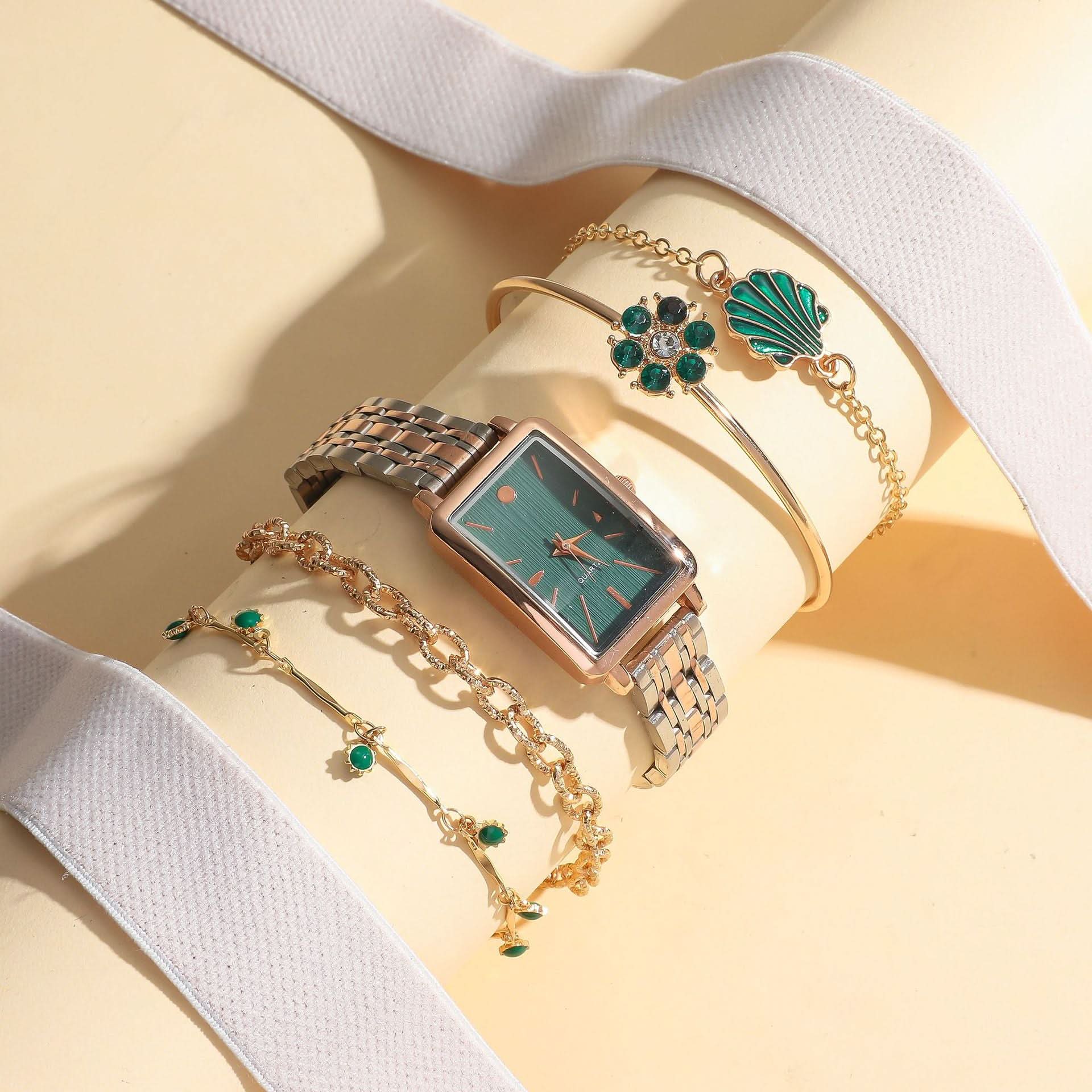 Women’s Gold Square Quartz Watch & Bracelet Set – Green Dial, Steel Band
