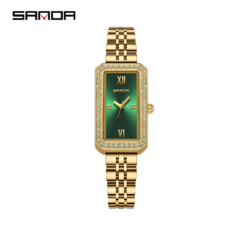 SANDA Women's Quartz Watch – Retro Diamond-Accented Stainless Steel Band