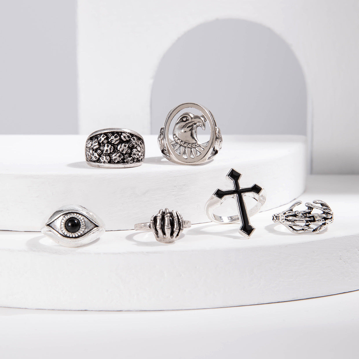 Punk Skull Ring Set for Men – 6-Piece Silver Alloy Gothic Jewelry Collection