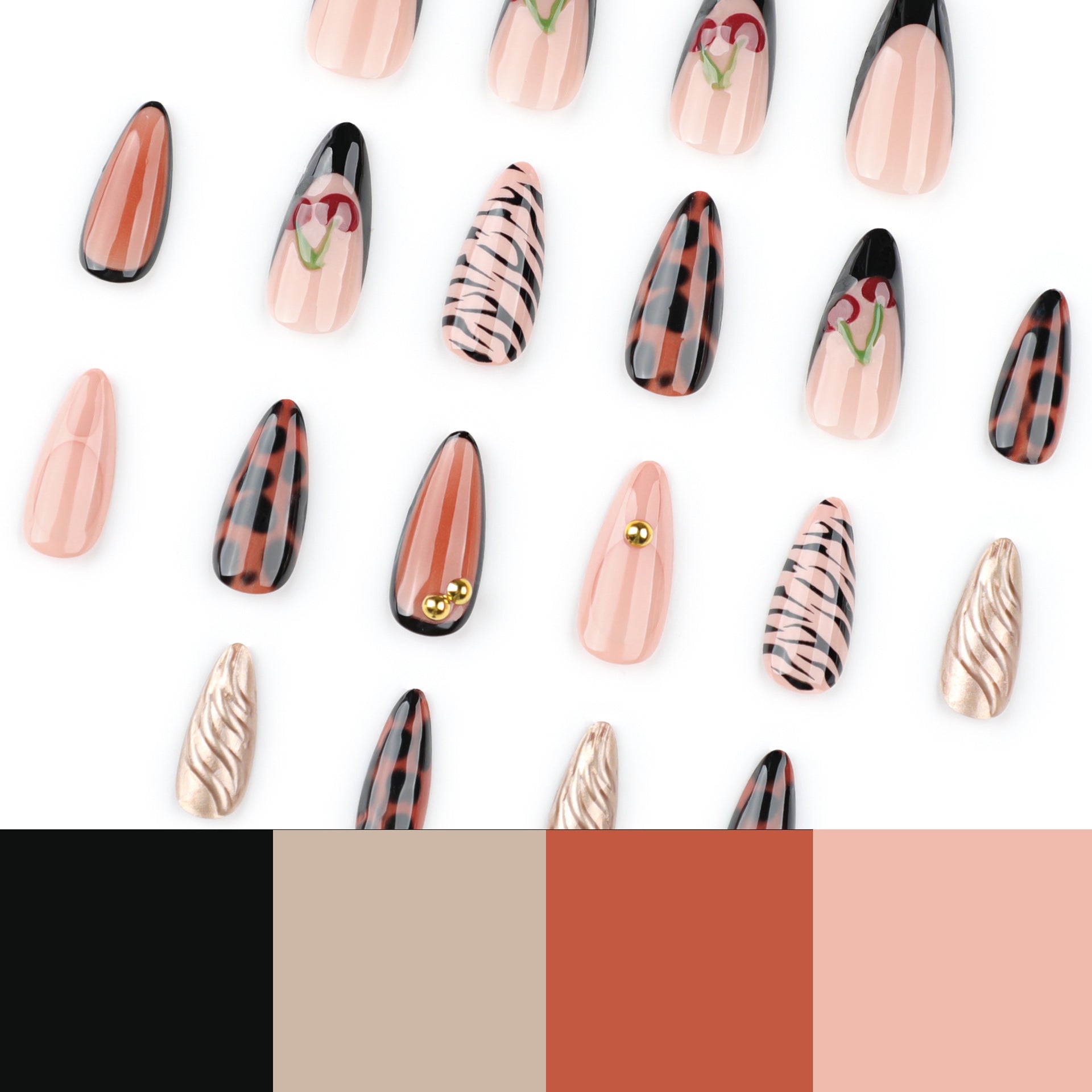 Stiletto Press-On Nails with French Tips & 3D Cherry Design – Trendy Glossy Set
