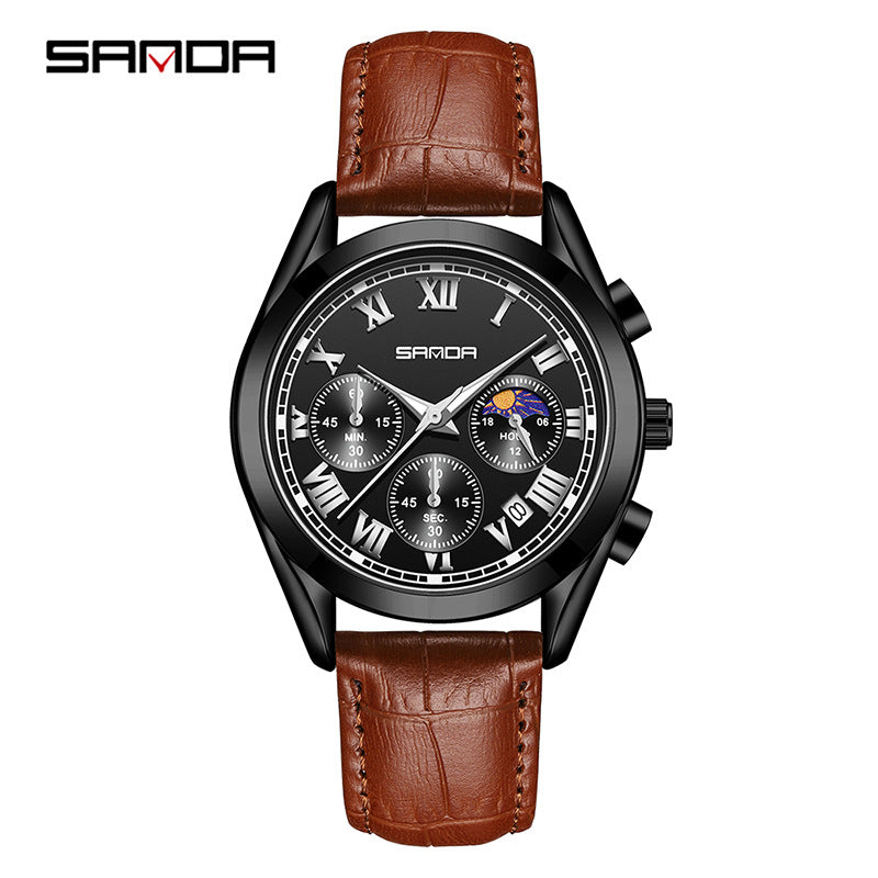 Sanda Men’s Leather Quartz Watch – Waterproof Business Watch with Moon Phase & Calendar