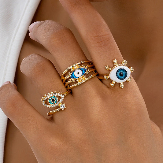 Gold Blue Evil Eye Open Ring – Trendy Hip-Hop Statement Jewelry for Women
