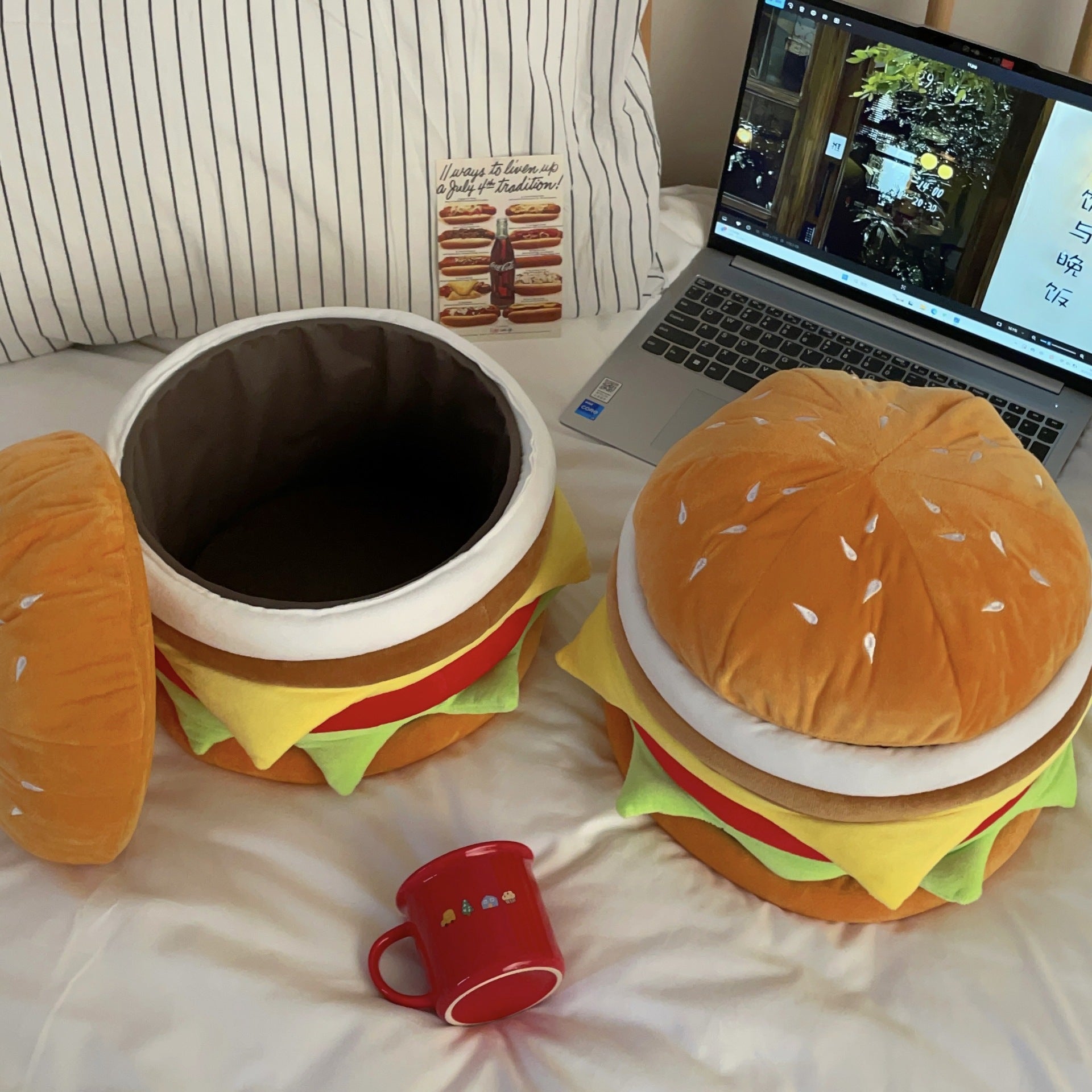Cute Hamburger Storage Stool for Kids – Plush Toy Organizer & Toddler Seat