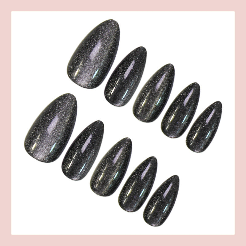 Black Cat Eye Press-On Nails – Glossy Almond Medium-Long Acrylic False Nails