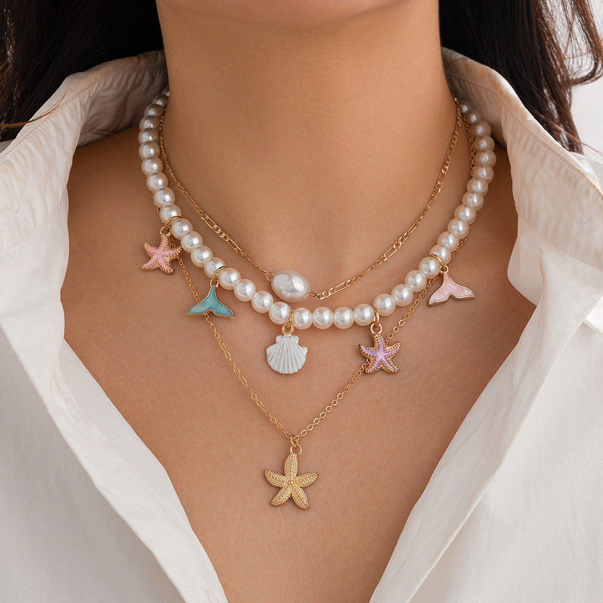 Mermaid Charm Pearl Layer Necklace for Women – Fashionable Alloy Jewelry