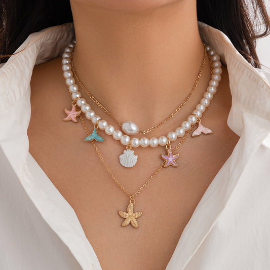 Mermaid Charm Pearl Layer Necklace for Women – Fashionable Alloy Jewelry