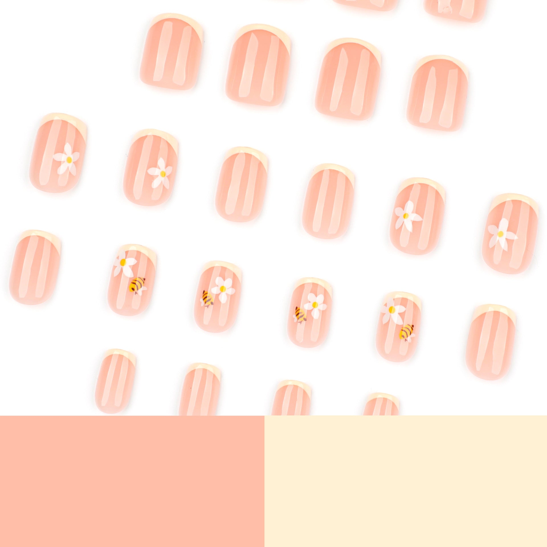 Cute Bee & Daisy French Tip Press-On Nails – Short Square, Glossy Finish