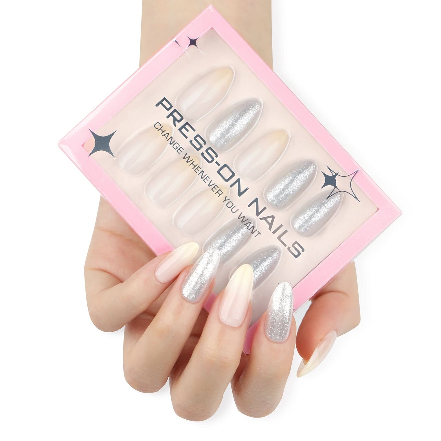Silver Glitter Gradient Press-On Nails – Almond-Shaped False Nails