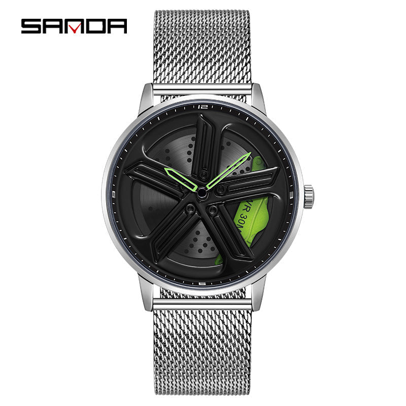Sanda Men’s Mesh Quartz Watch – 360° Rotating Dial, Hollow Design, Waterproof Wristwatch