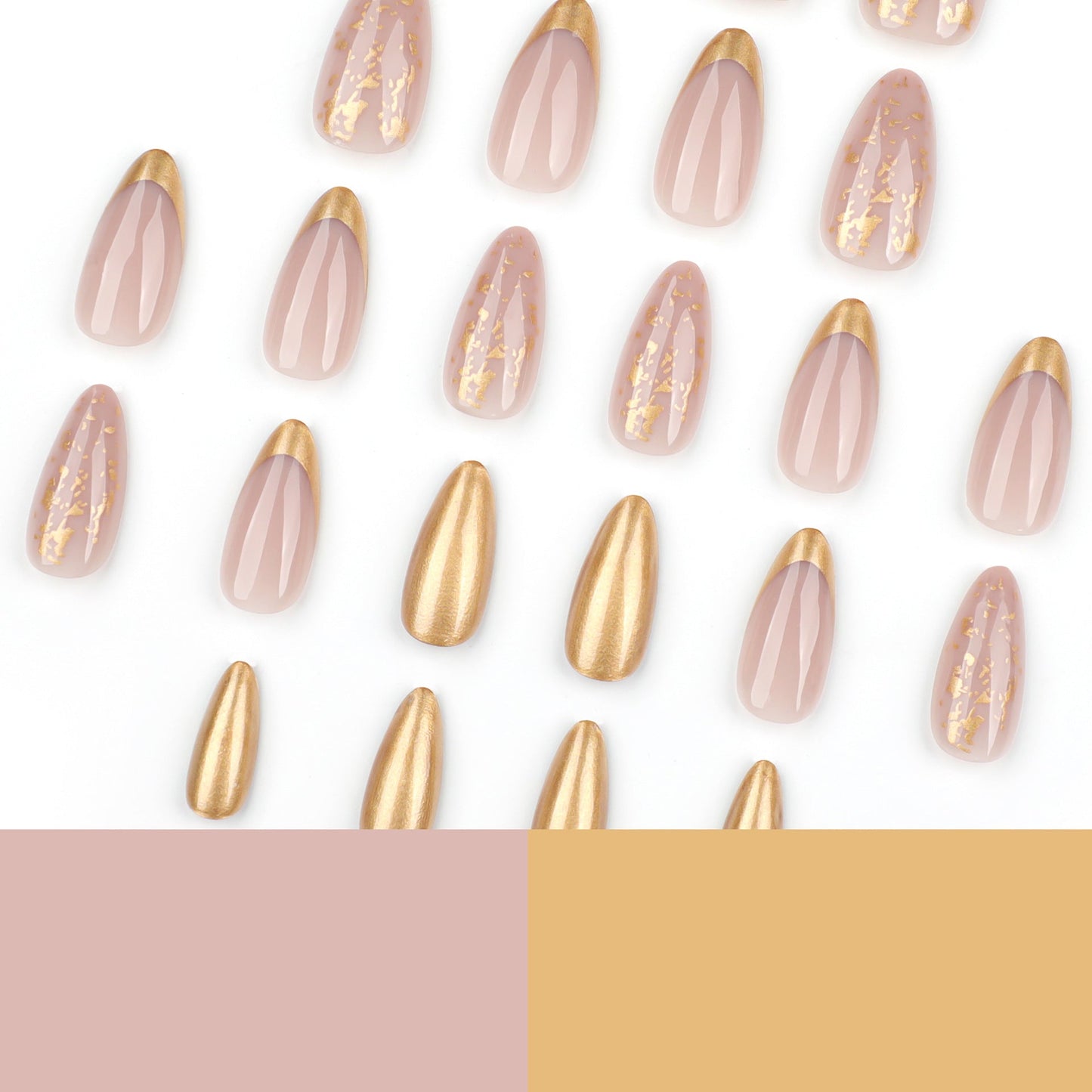 Pearlescent Almond Press-On Nails – Nude & Gold Foil French Tip Glue-On Set
