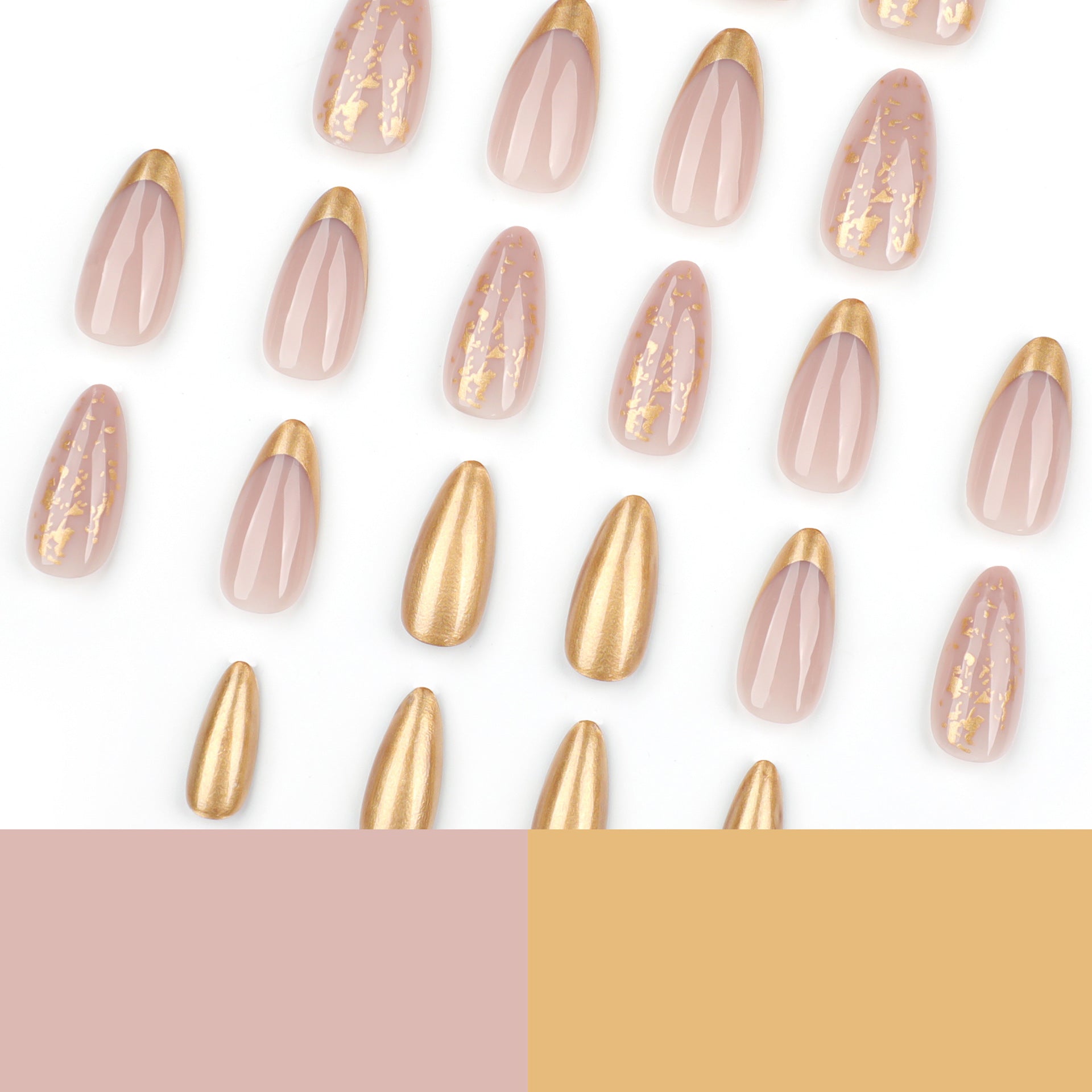 Pearlescent Almond Press-On Nails – Nude & Gold Foil French Tip Glue-On Set