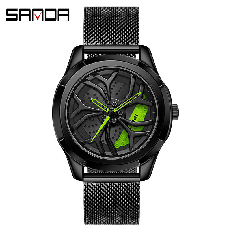 Sanda Men's Quartz Watch – Hollow Wheel Dial, Mesh Steel Strap, Waterproof Timepiece