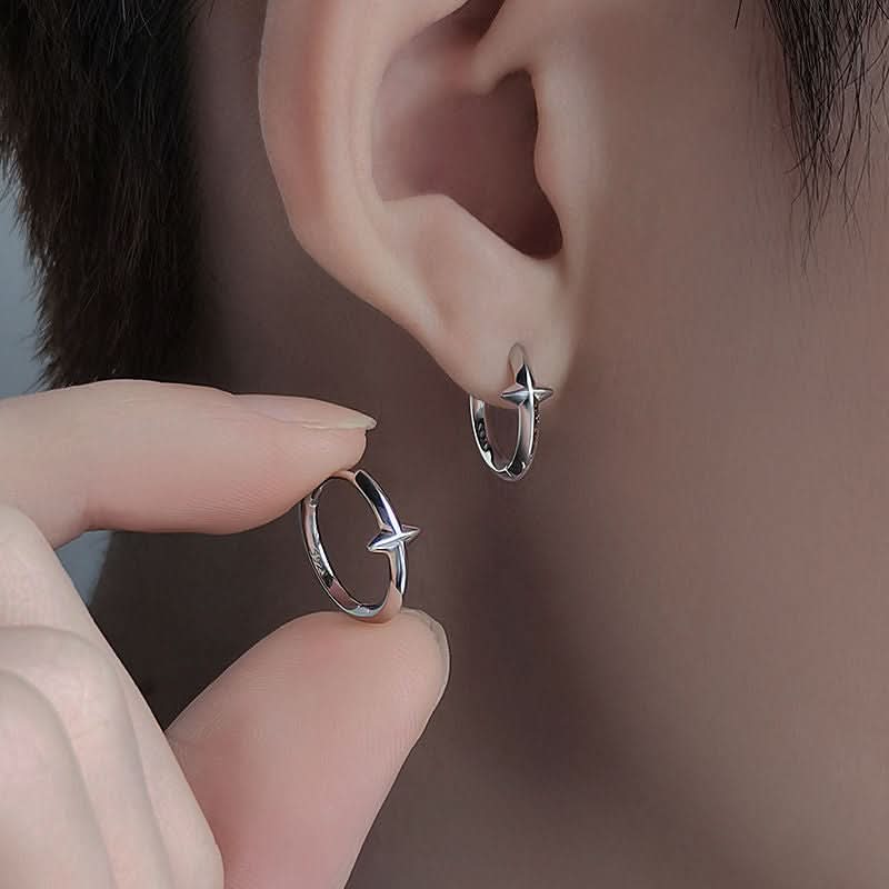 Men’s Star Punk-inspired Earrings – Silver & Black Geometric Ear Hoop