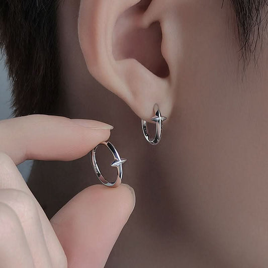 Men’s Star Punk-inspired Earrings – Silver & Black Geometric Ear Hoop