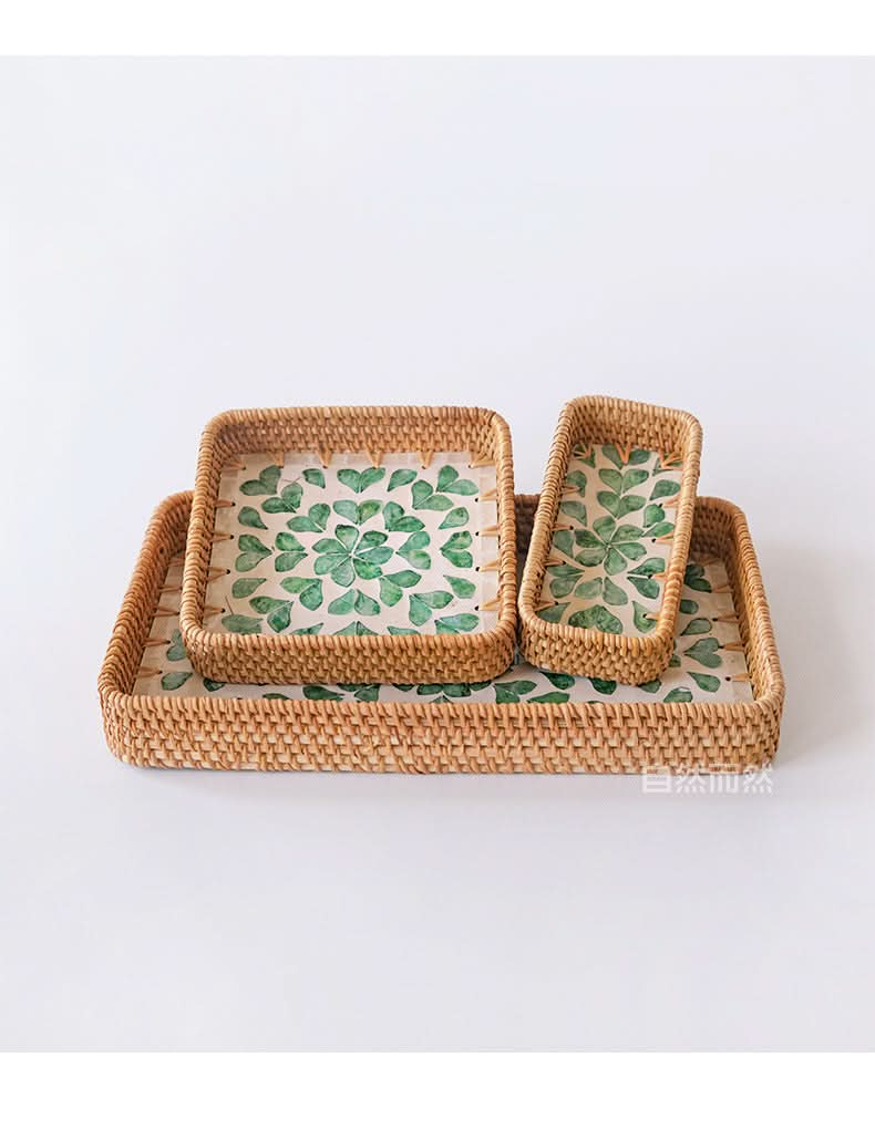 Natural Rattan Shell Tray Set - 3-Piece Square Fruit & Snack Storage